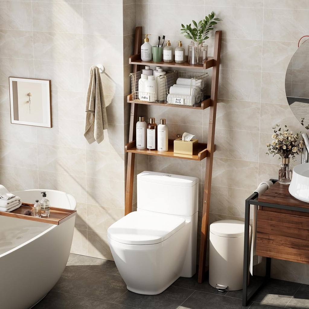 Over The Toilet Storage Shelf Wood, 3-Tier Above Toilet Organizer Rack, Freestanding Above Toilet Shelf for Bathroom, Laundry, Space Saver, Walnut Color.