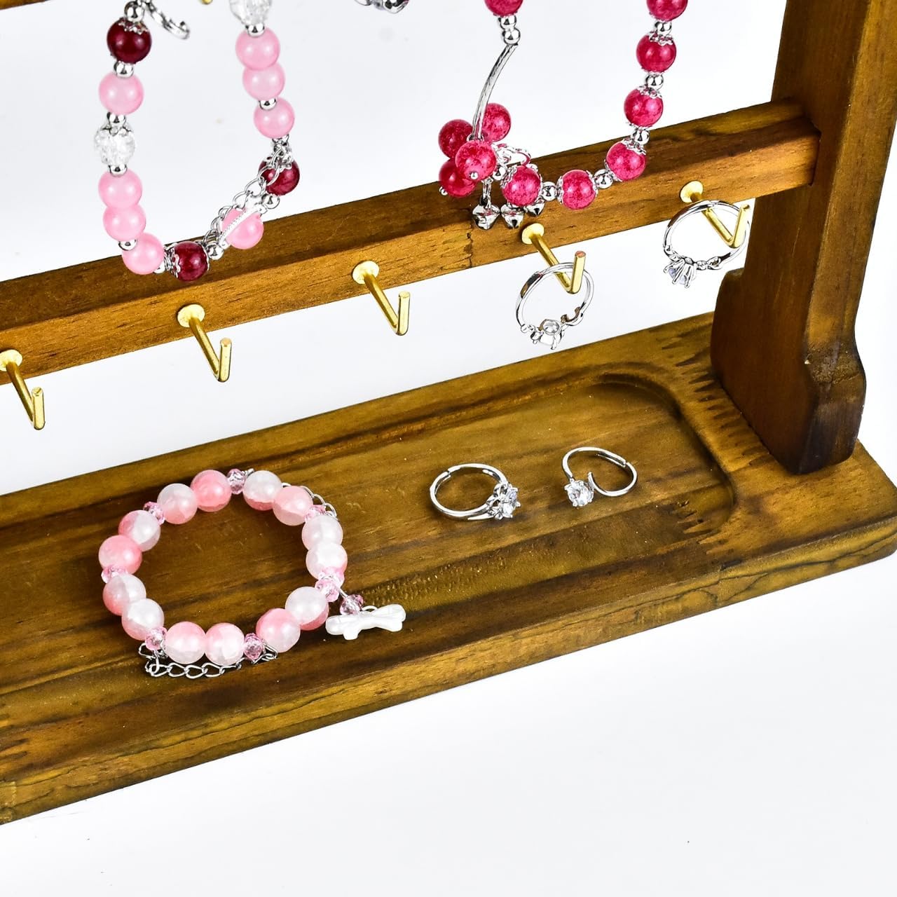 4 Layers of Wooden Display Eacks With Hooks for Necklaces. Rings, Earrings, Bracelets, And Other Jewelry Storage Display Rack (Walnut Wood Color)
