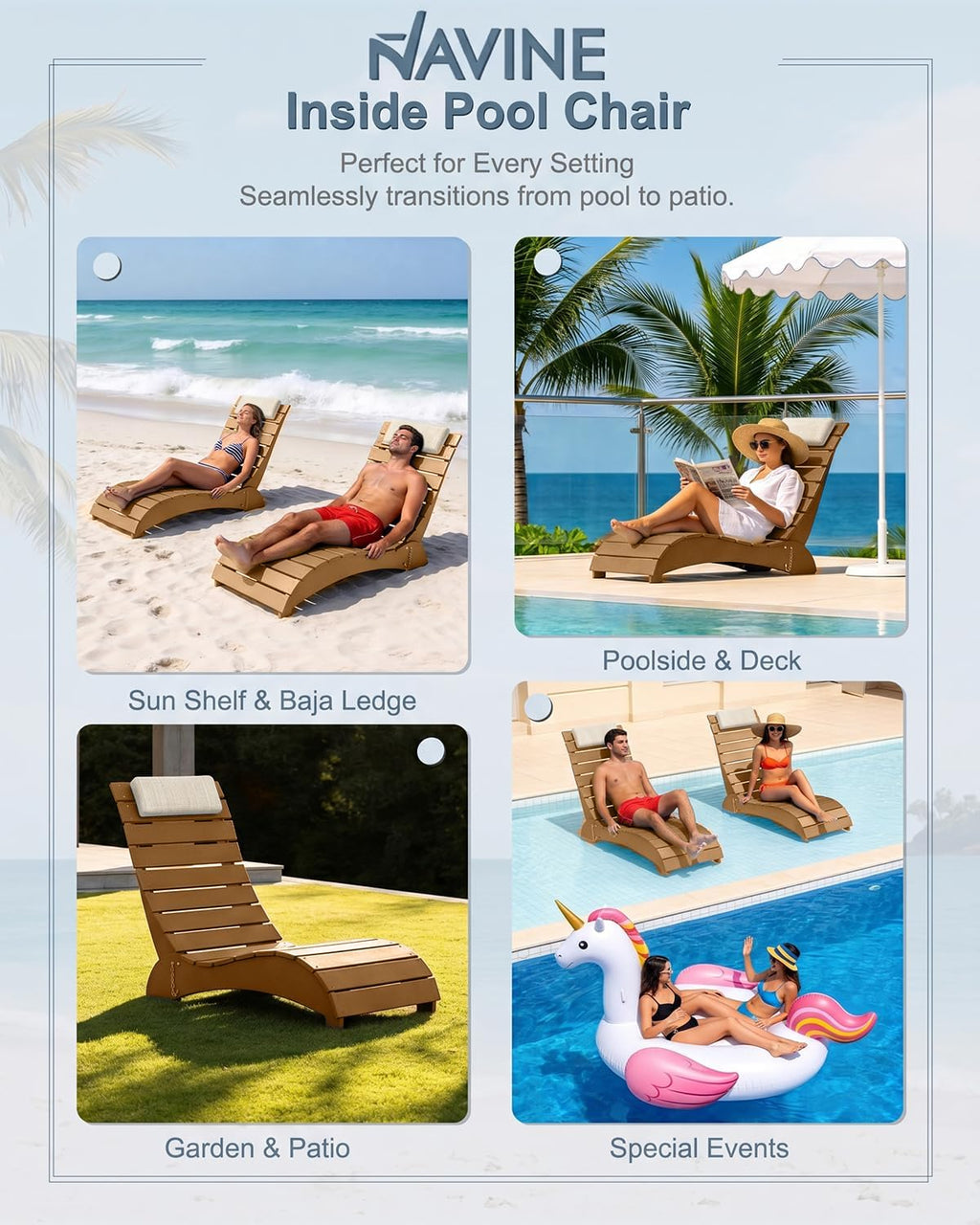 NAVINE Adjustable HDPE Pool Lounge Chairs Set of 2 with Headrest, Teak | All Weather, Weighted Fade-resistant Chaise Chairs, Pool Chairs and Lounger for Baja Ledge, Poolside Area and Deck