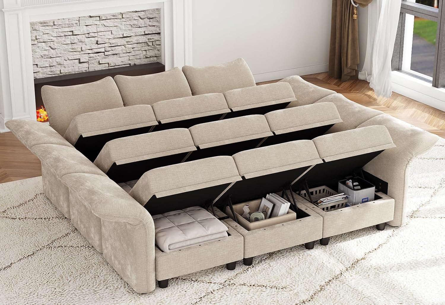 LLappuil 102" Modular Sectional Sofa with Storage Seat, Cozy Chenille Sleeper Sectional Couches for Living Room with Adjustable Armrest Backrest, Khaki