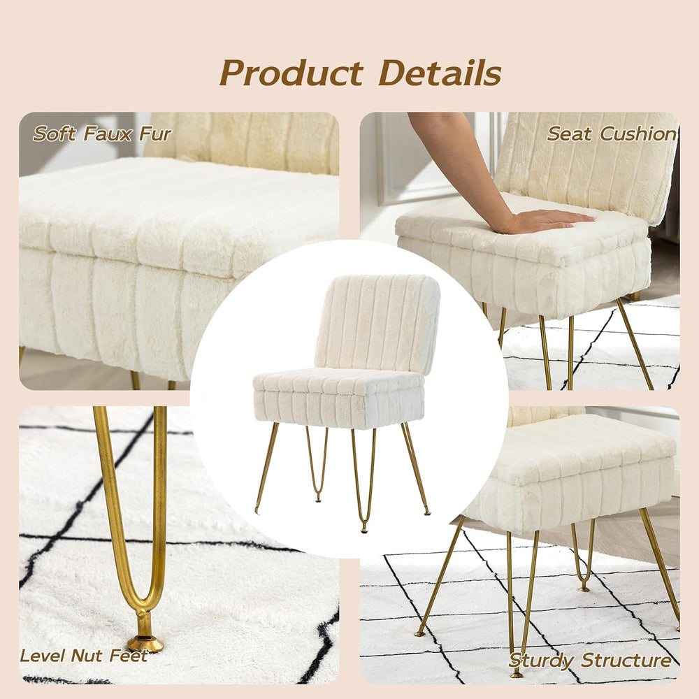 Vanity Chair with Storage | Comfy Ottoman with Folding Back | Faux Fur Vanity...