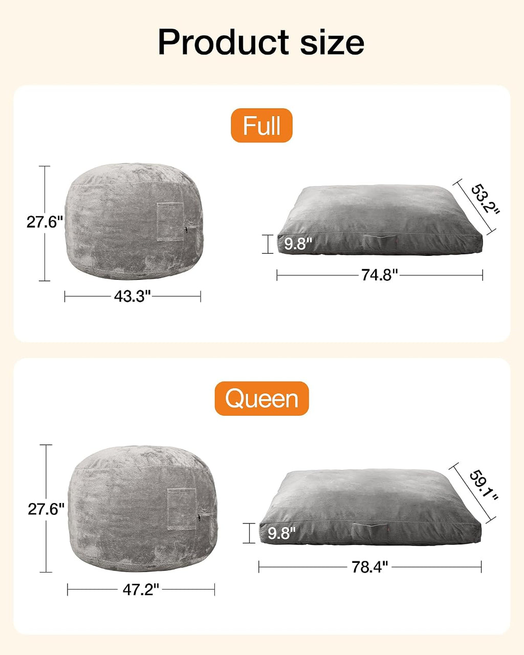 YEFU Bean Bag Chair for Adults: 4-in-1 Convertible Giant Bean Bag Bed, Overstuffed Memory Foam Floor Couch with Two Machine Washable Covers, Large Chair Bed for Living Room Bedroom, Full Grey