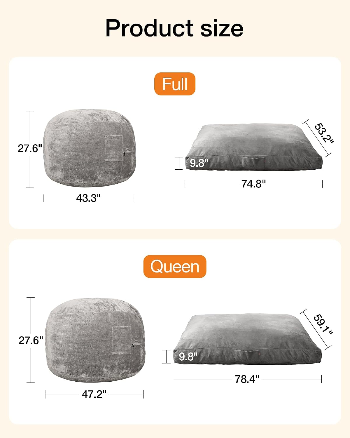 YEFU Bean Bag Chair for Adults: 4-in-1 Convertible Giant Bean Bag Bed, Overstuffed Memory Foam Floor Couch with Two Machine Washable Covers, Large Chair Bed for Living Room Bedroom, Full Grey