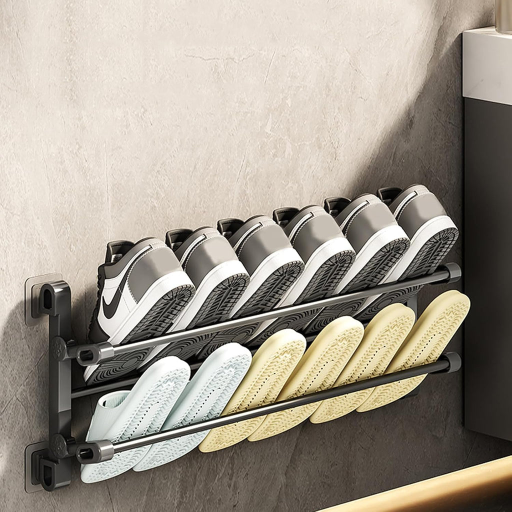 Wall Mounted Folding Shoe Rack 2 Tiers Space Saving Designs for Bathroom and Entryway Without Drilling Required