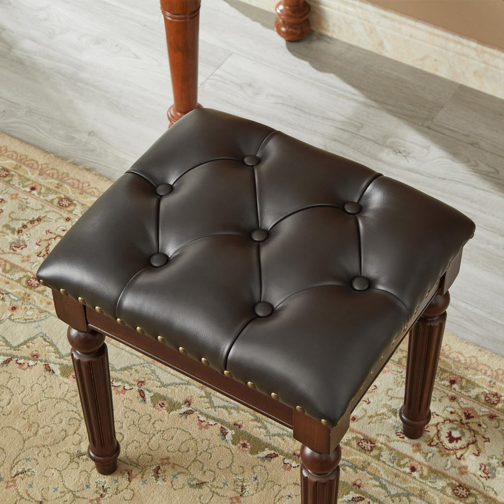 LOFFBOM Vanity Bench Seat, Solid Wood Vintage Vanity Stool (Dark Brown) | Sol...