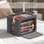 CYhom 3Pack Stackable Clothes Storage Bins - Oxford Frame Storage Box Foldable Clothing Storage Container Organizer Set with Clear Window & Carry Handles Large Capacity (Dark Gray, Large-66L)