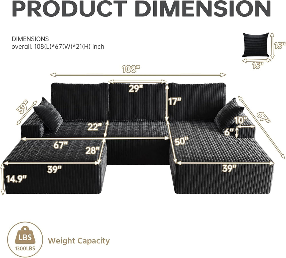 108" U-Shape Modular Sectional Cloud Couch with Ottoman, Deep Seat Couch...