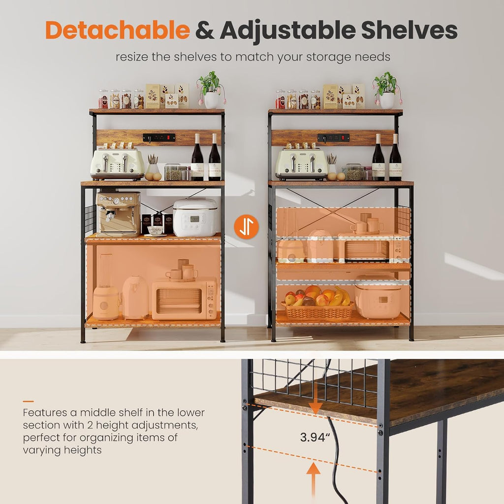 Sweetcrispy 23.6'' Small Bakers Rack with Power Outlet for Kitchen Storage | Microwave Stand with Adjustable Shelf for Coffee Bar Station, Small Apartment, Counter Space Saving, Rustic Brown