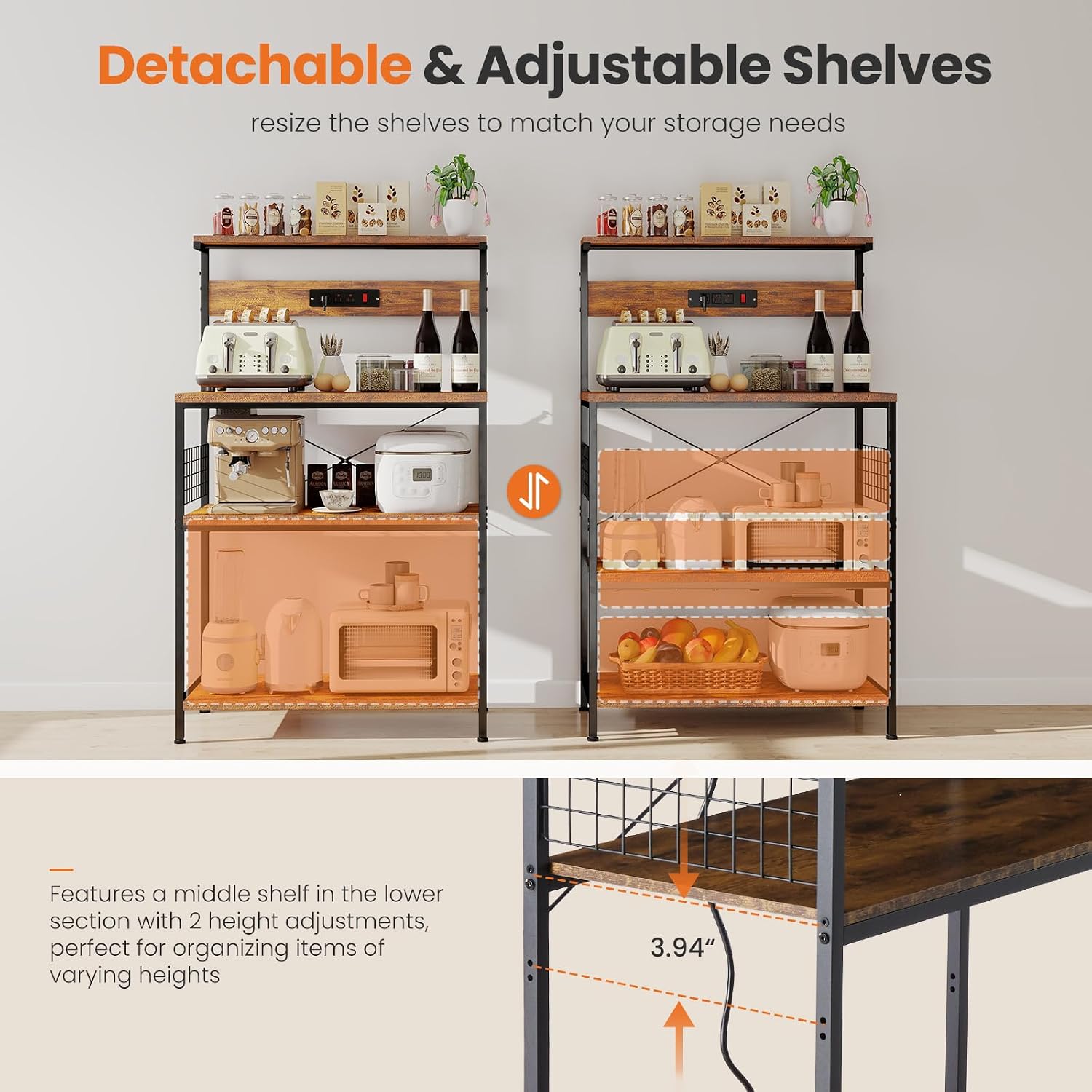 Sweetcrispy 23.6'' Small Bakers Rack with Power Outlet for Kitchen Storage | Microwave Stand with Adjustable Shelf for Coffee Bar Station, Small Apartment, Counter Space Saving, Rustic Brown