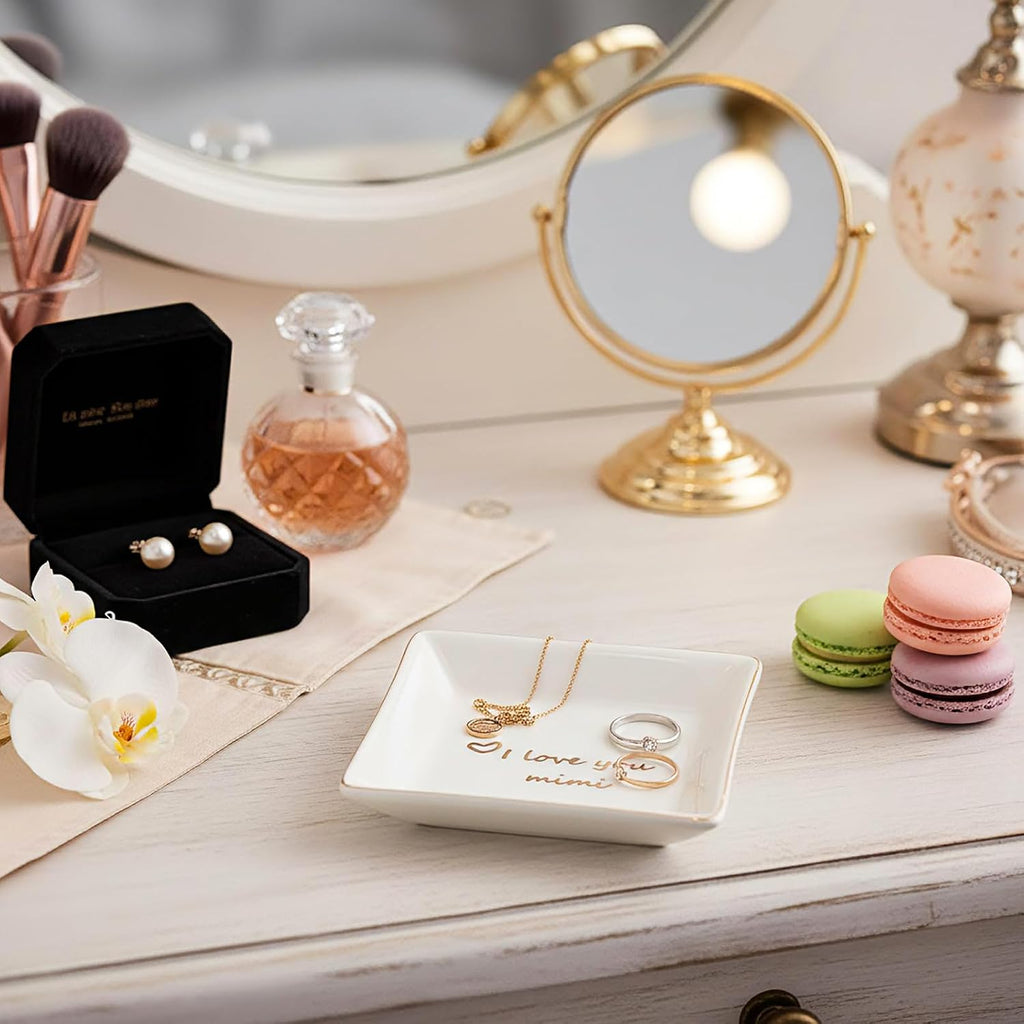 Zonon Mother's Day Ceramic Jewelry Tray with Present Box, Gift for Mom from Daughter I Love You Mom Square Decorative Ring Trinket Dish for Mother's Day Birthday Gift for Women