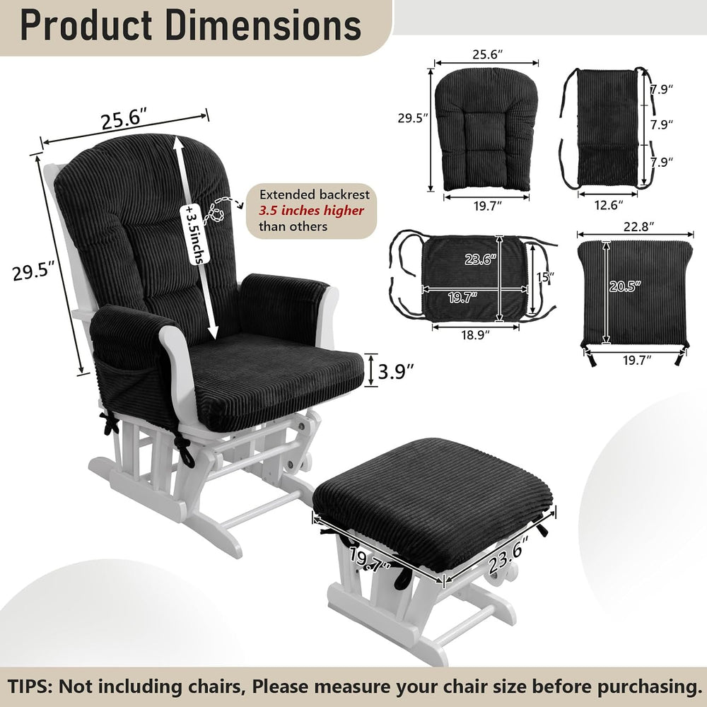 5PCS Glider Rocker Replacement Cushions with Storage Side Pockets, Black