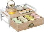 IBUYKE Tea Bag Organizer for Countertop,2 Tier Tea Box Organizer with Drawer,Wood Tea Bag Holder with Metal Frame,Tea Station Organizer for Kitchen Cabinet,Coffee Station,Office,Natural UTCJ004R