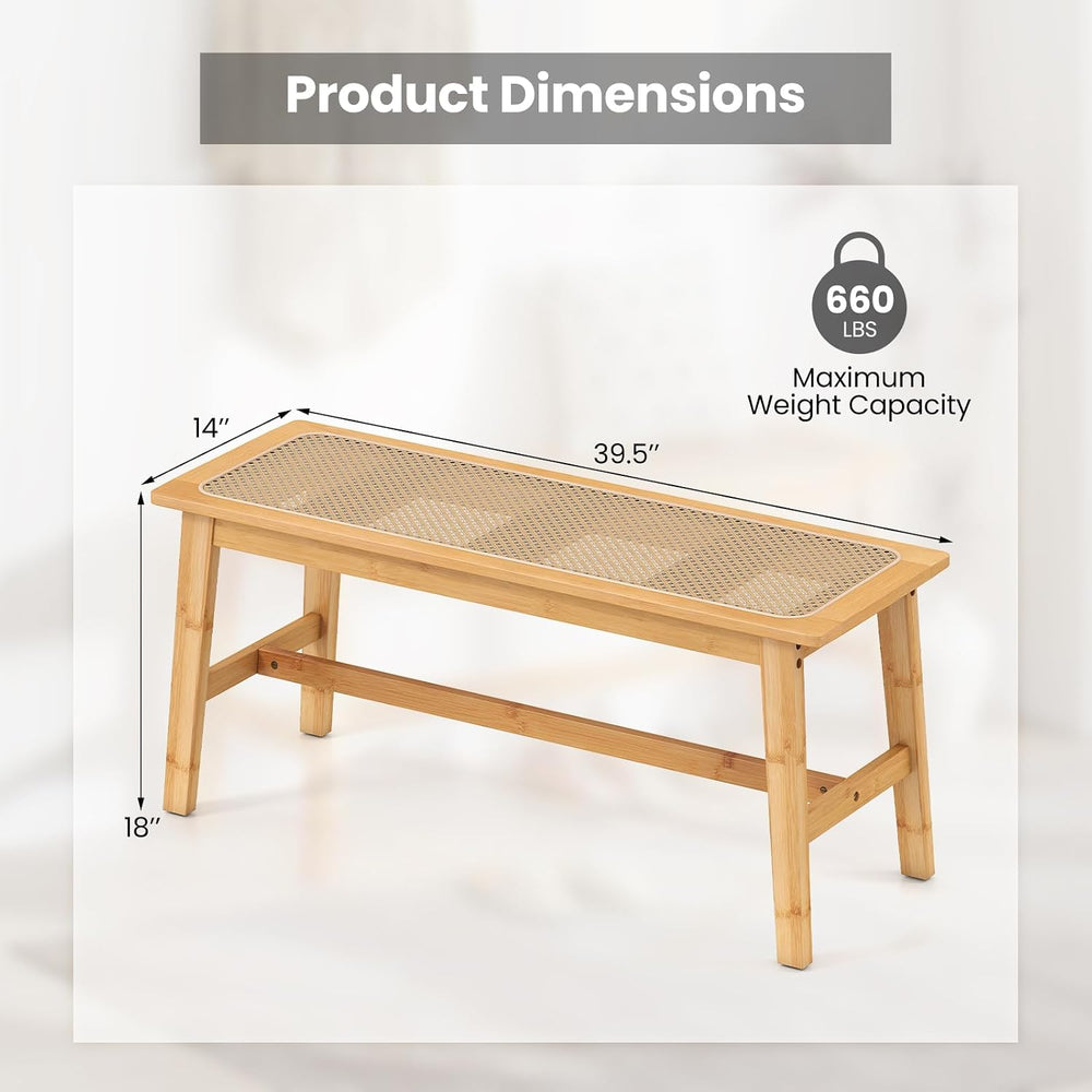 GOFLAME 39.5” Bamboo Dining Bench with Rattan Seat, Farmhouse End of Bed Benc...