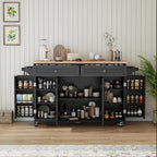 59’’ Rolling Kitchen Island Cart with Drop Leaf and Power Outlet, Movable Kitchen Islands with 3-Tier Door Storage Shelf, Island Table on Wheels, 2 Large Drawers, Towel Racks, Black