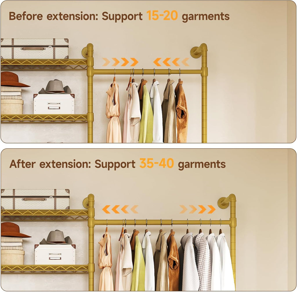 H3 Expandable Wall Mounted Closet System, 5.4FT-8.1FT Closet Organizer with 4 Telescopic Rods & 6 Wire Shelves, Industrial Pipe Clothing Rack for Walk-in & Reach-in Closet (Gold)