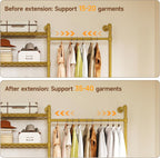 H3 Expandable Wall Mounted Closet System, 5.4FT-8.1FT Closet Organizer with 4 Telescopic Rods & 6 Wire Shelves, Industrial Pipe Clothing Rack for Walk-in & Reach-in Closet (Gold)