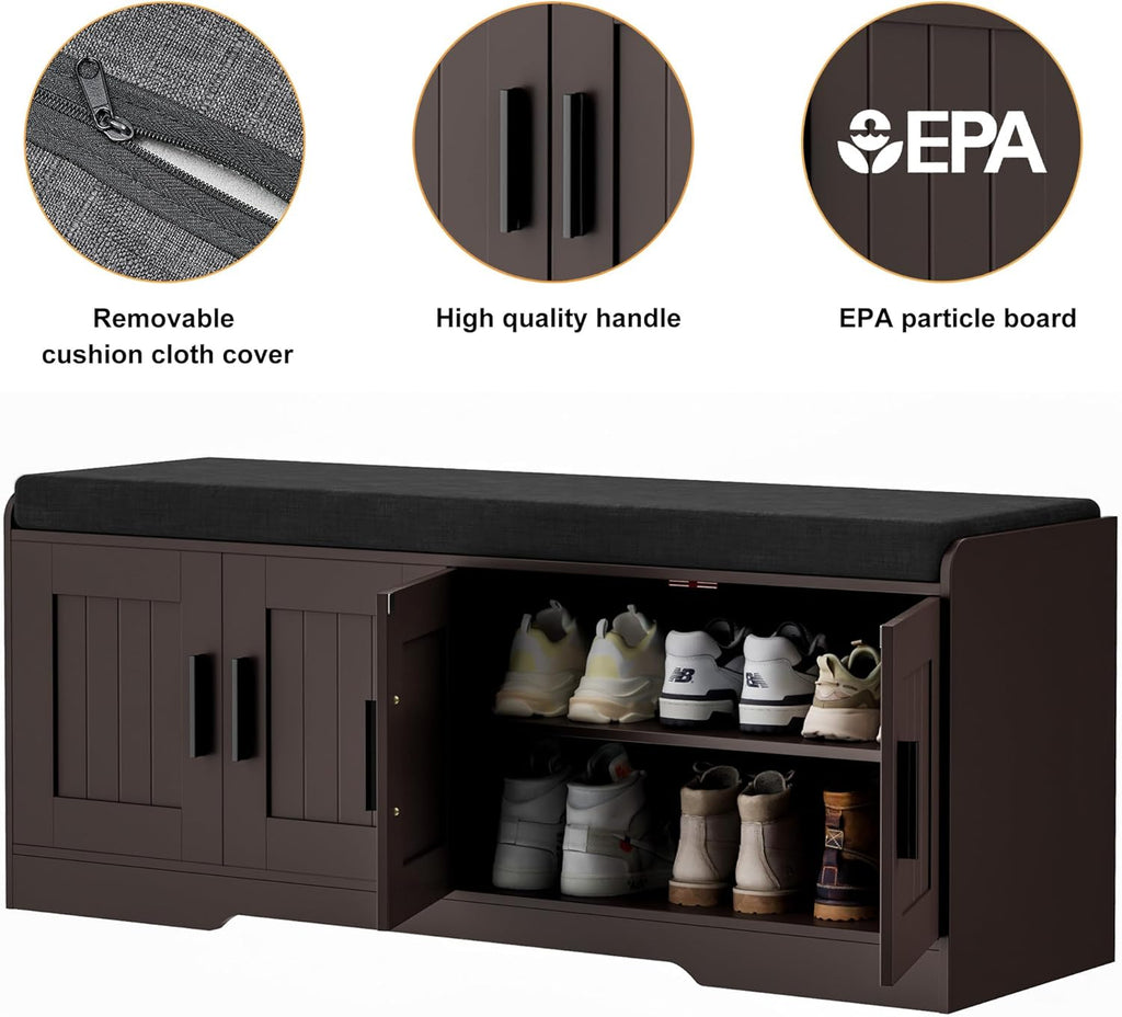 Homleke Shoe Storage Bench, 4 Doors & Thickened Padded Seat Cushion | 2-Tier Shoe Bench, Entryway Bench, Adjustable Shelf, 13.8" D x 45.3" W x 18.5" H, for Living Room, Bedroom, Brown
