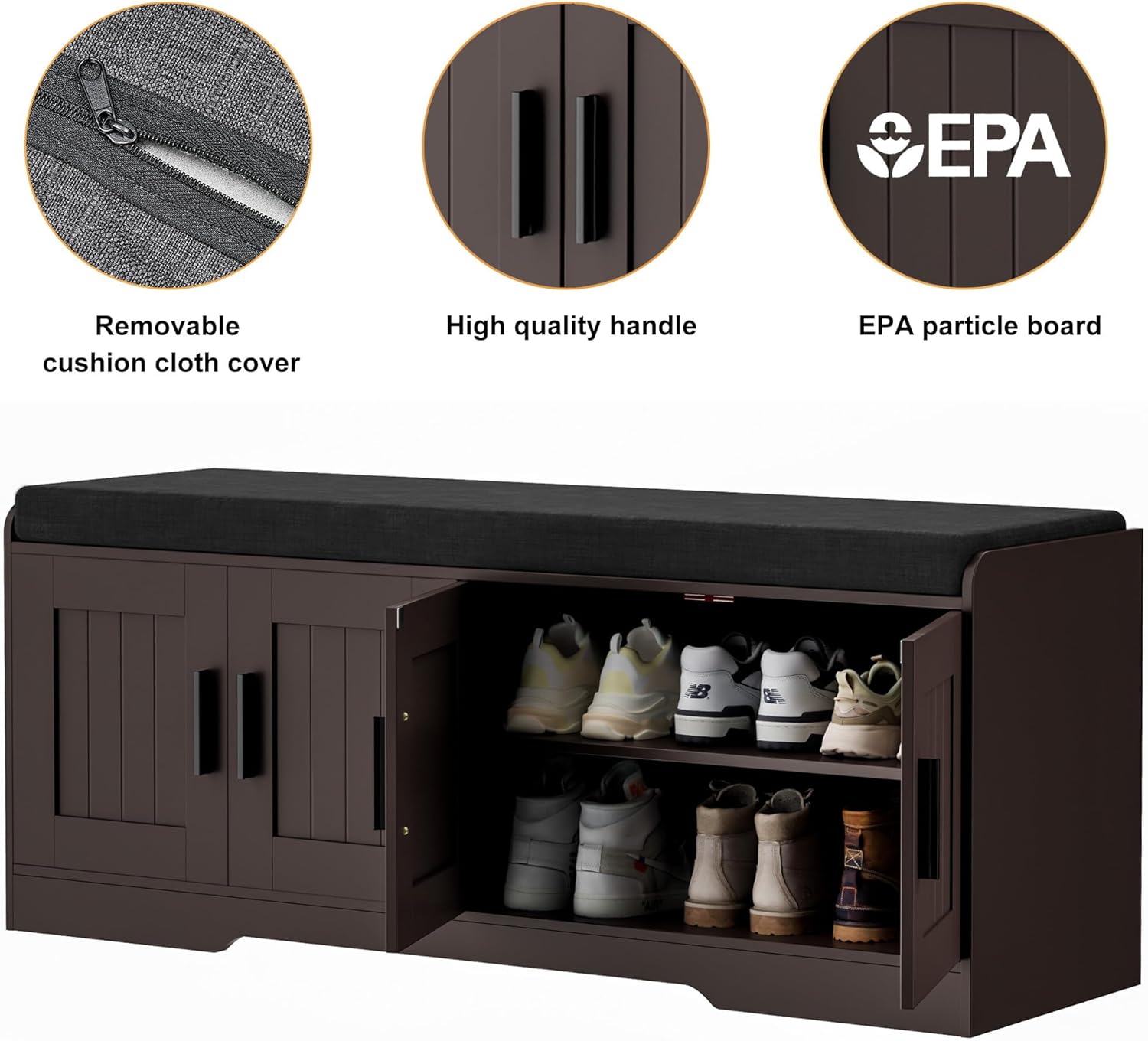 Homleke Shoe Storage Bench, 4 Doors & Thickened Padded Seat Cushion | 2-Tier Shoe Bench, Entryway Bench, Adjustable Shelf, 13.8" D x 45.3" W x 18.5" H, for Living Room, Bedroom, Brown