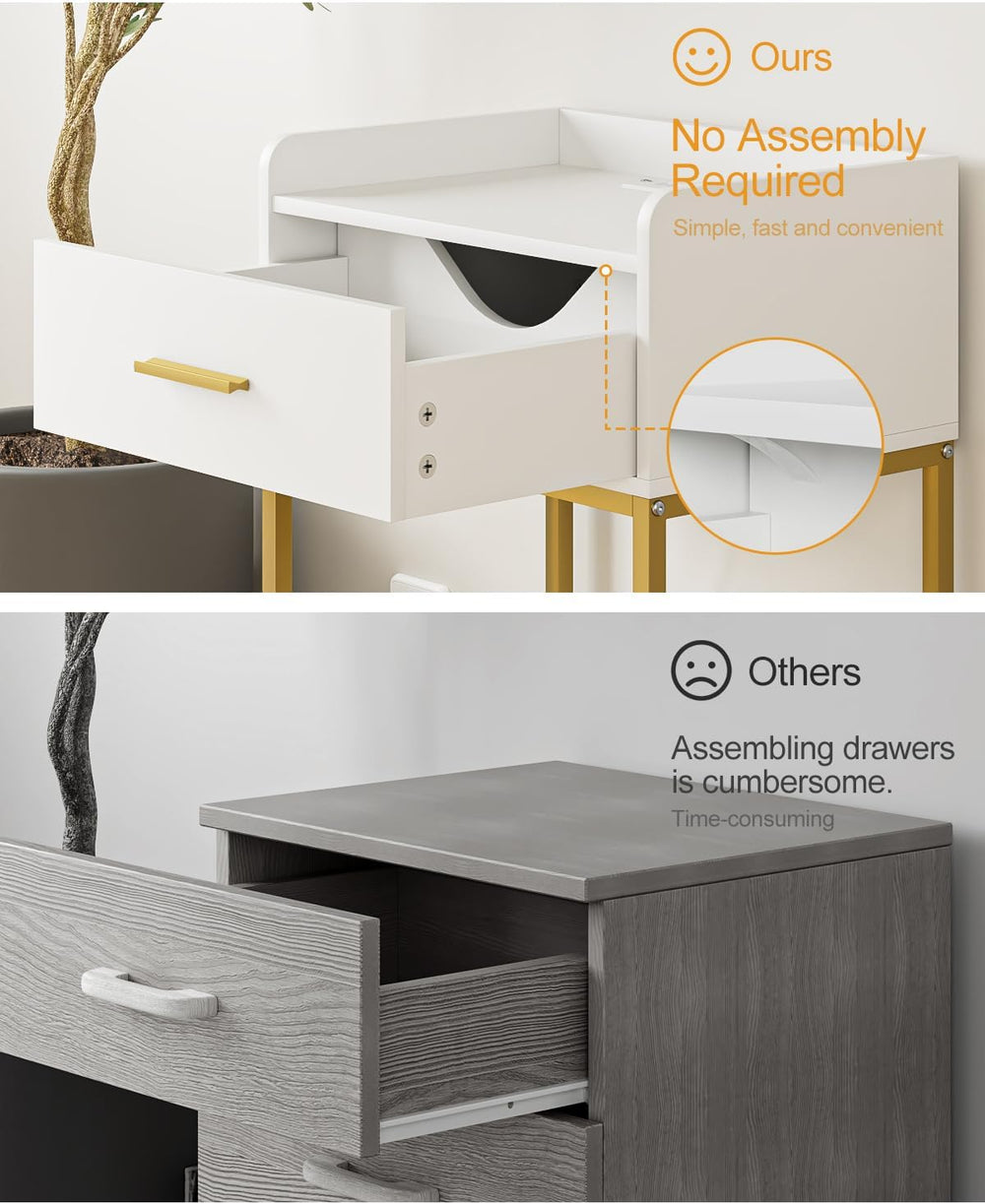 Nightstand with Charging Station, Modern Bedside Table with Drawer and Legs,W...