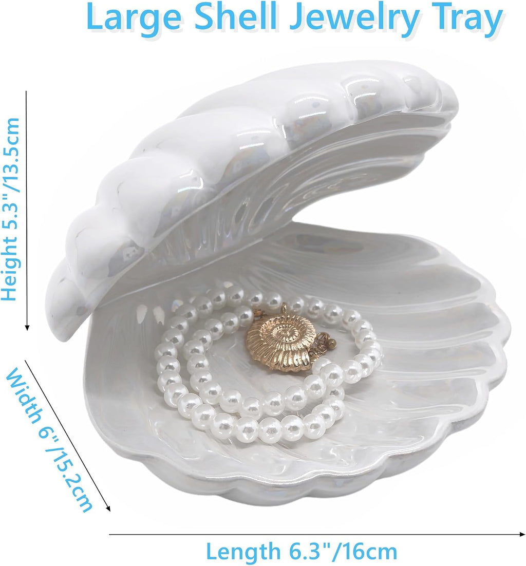 Shell Trinket Dish Ceramic Conch Ring Holder Jewelry Tray Decorative Jewelry Plate Cute Jewelry Organizer for Home Decor (Large Shell White)