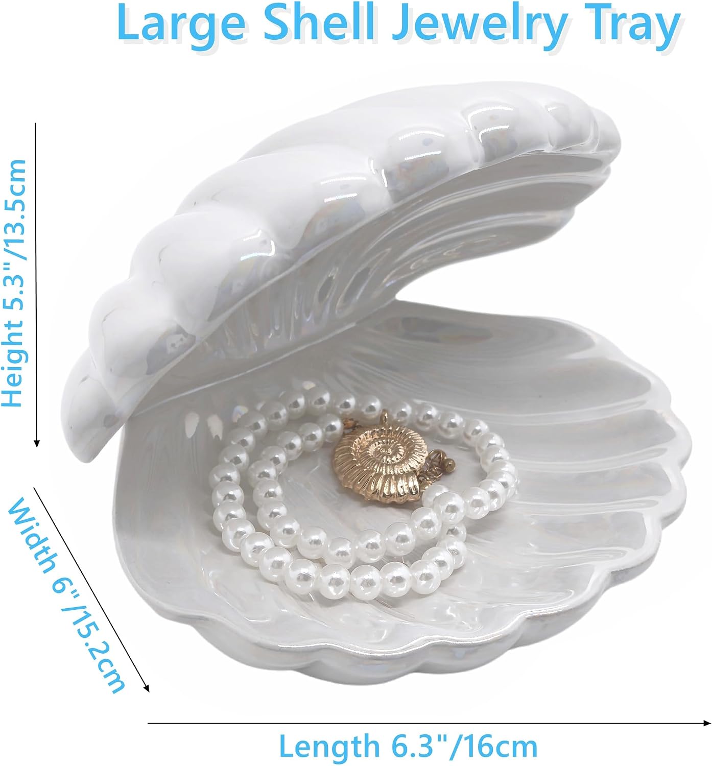 Shell Trinket Dish Ceramic Conch Ring Holder Jewelry Tray Decorative Jewelry Plate Cute Jewelry Organizer for Home Decor (Large Shell White)
