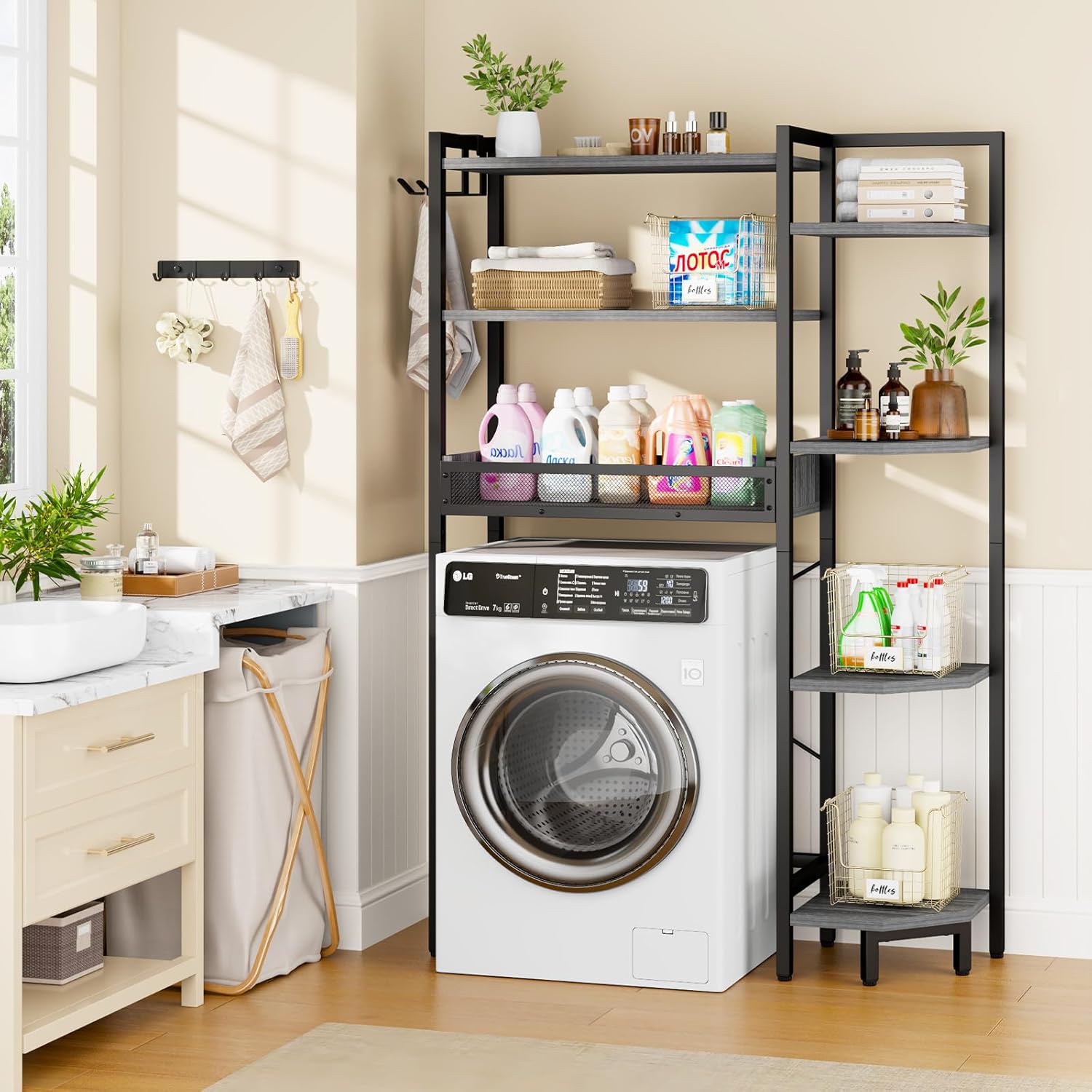 K1 Heavy Duty 7-Tier Over The Toilet Storage（with Basket and Paper Hook） Freestanding Above Toilet Shelf with Adjustable Feet，Space Saver Bathroom Shelves 9.3" D x 33.5" W x 63.8" H，Grey