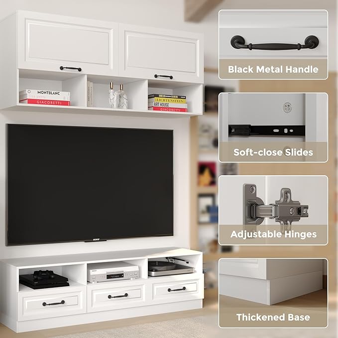2 Piece Entertainment Center with Storage, Includes 70" TV Stand with Shelves & Drawes, Wall Display Cabinet, Modern TV Console for Living Room, White (Modern White)