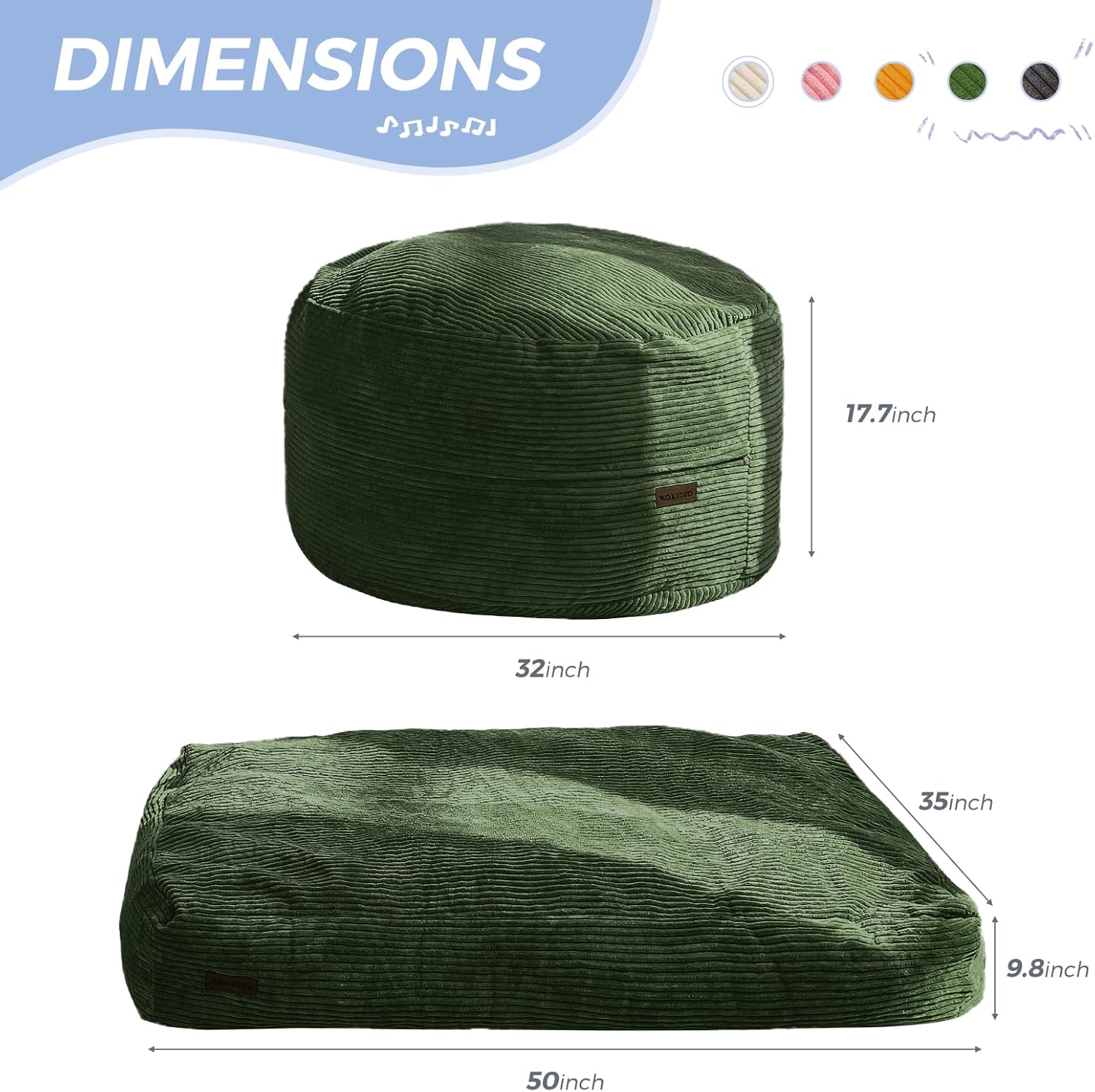 MAXYOYO Bean Bag Chair for Kids, Convertible Bean Bag Folds from Lazy Chair to Floor Couch, Machine Washable Corded Fabric, Stuffed Floor Sofa Couch for Boys and Girls, Dark Green
