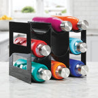 mDesign Plastic Water Bottle Organization/Wine Rack Storage Organizer for Kitchen Countertops, Cabinet, Bin, Pantry, Fridge, Refrigerator, 3 Tiers, 9 Bottles, Lumiere Collection - Black
