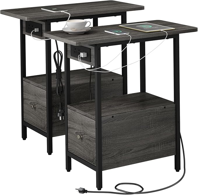 LIDYUK End Table with Charging Station, Narrow Side Table with Drawer and USB...