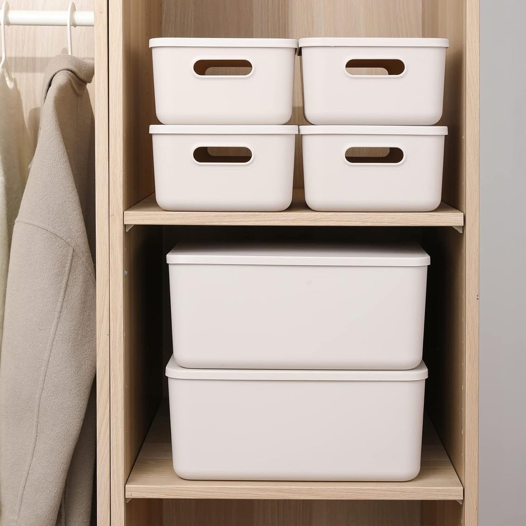Plastic Storage Baskets With Lid Organizing Container Lidded Knit Storage Organizer Bins for Shelves Drawers Desktop Closet Playroom Classroom Office (M+2S, Light grey)
