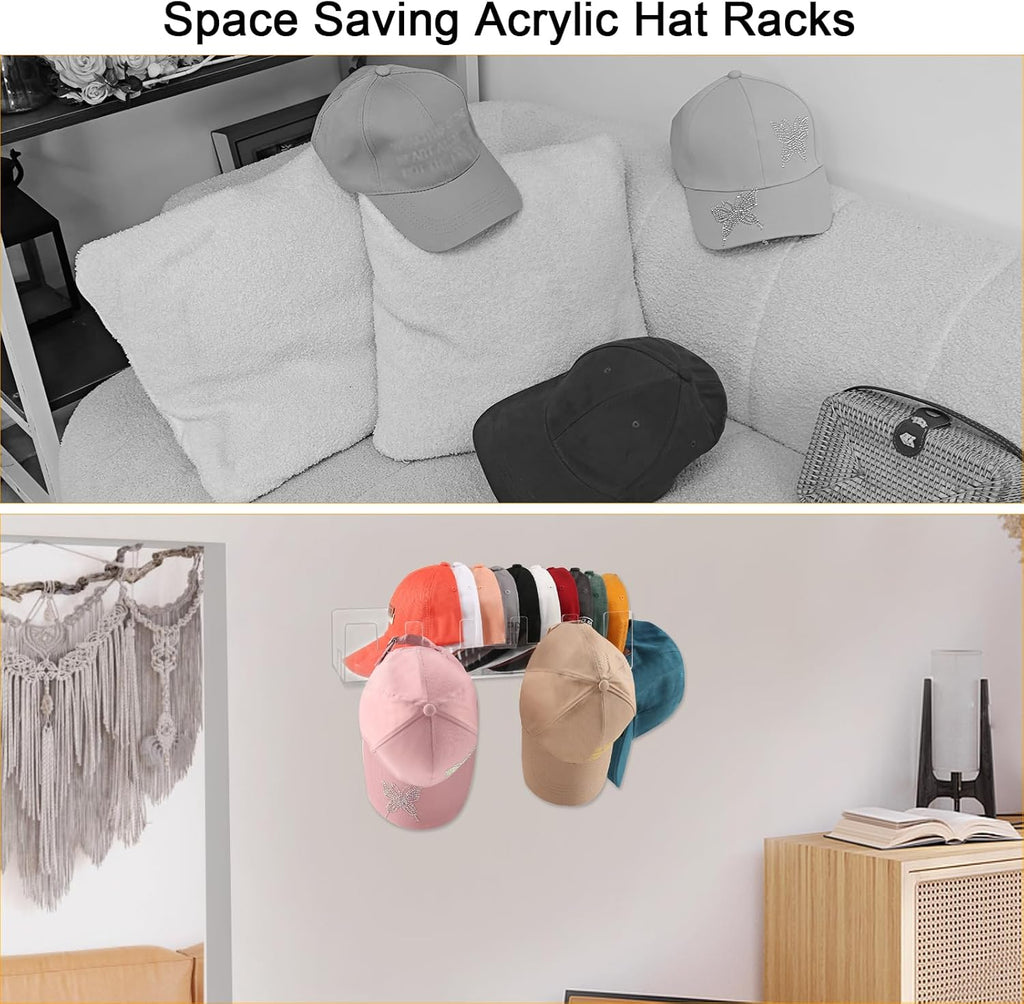 Acrylic Hat Racks for Baseball Caps Wall, 2 Pack Hat Organizer for 50 Baseball Caps Holders, Sturdy Clear Wall Mounted Storage Organizer