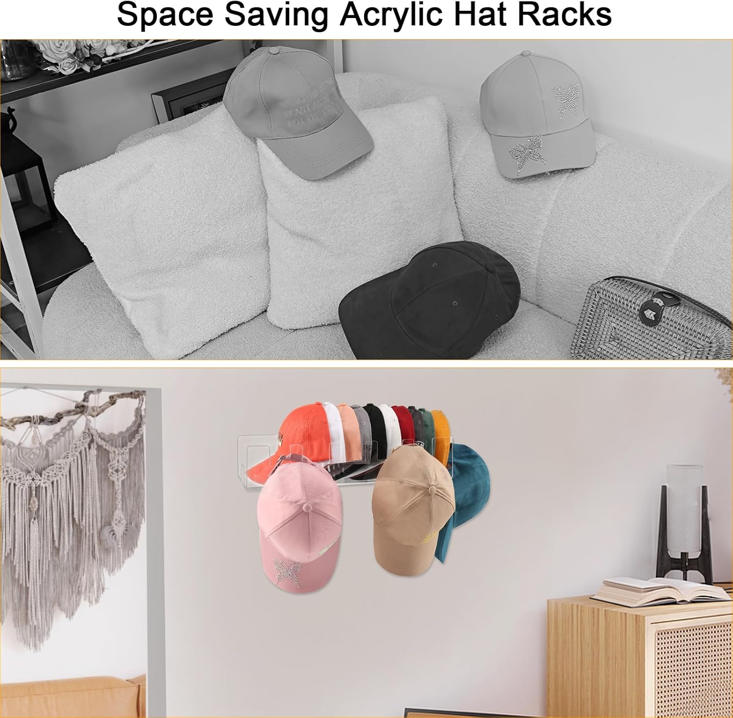 Acrylic Hat Racks for Baseball Caps Wall, 2 Pack Hat Organizer for 50 Baseball Caps Holders, Sturdy Clear Wall Mounted Storage Organizer