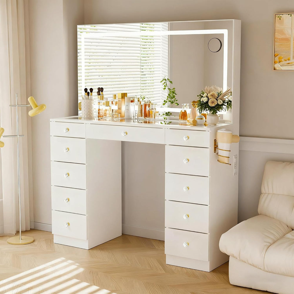 Pamapic Glass Top Vanity Desk with Crystal Handles and 11 Drawers, Makeup Van...