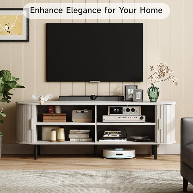 ONBRILL 63" TV Stand with Power Outlet for TVs up to 70 Inch, Entertainment Center with Storage and Adjustable Shelves, Modern Media Console with Sliding Doors for Living Room, Natural White