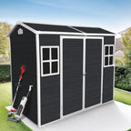 8x4ft Resin Outdoor Storage Shed with Floor and 2 Windows, Plastic Sheds & Outdoor Storage Clearance for Patio Furniture,GardenTools, Bike Accessories and Lawn Mower, Carbon Black