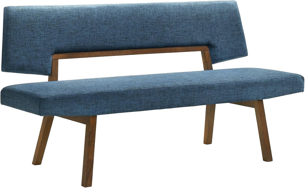Channell Wood Dining Bench in Walnut Finish with Blue Fabric
