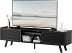 Black Mid Century TV Stand for TVs up to 80" Iron Rattan Entertainment Center with Sliding Door TV Media Console with Adjustable Shelves and 2 Storage Cabinets