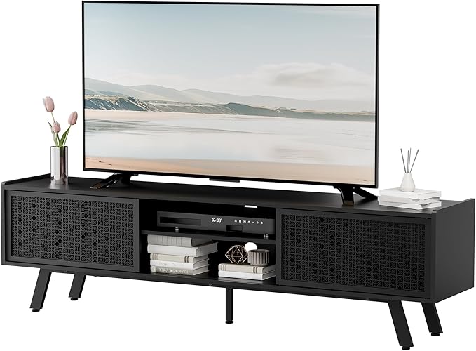 Black Mid Century TV Stand for TVs up to 80" Iron Rattan Entertainment Center with Sliding Door TV Media Console with Adjustable Shelves and 2 Storage Cabinets