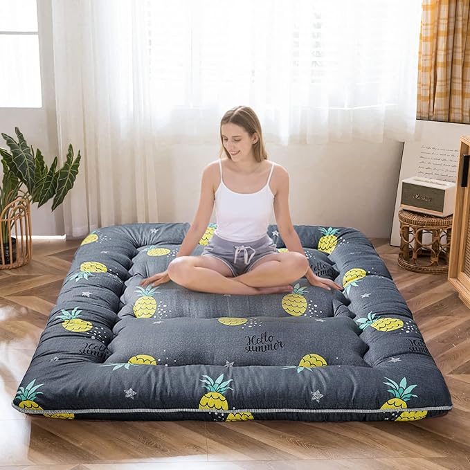 MAXYOYO Japanese Floor Mattress Futon Mattress, 4" Thicken Tatami Mat Sleeping Pad Foldable Roll Up Mat Boys Girls Dormitory Pad Kids Floor Lounger Pillow Bed, Charcoal Grey, Queen Size