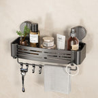 VOLPONE Shower Caddy Suction Cup No Drilling Suction Cup Shower Shelf Heavy Duty Bathroom Shower Organizer Storage Rack Adhesive with Towel Bar Hooks (1-Pack, Matte Gray)