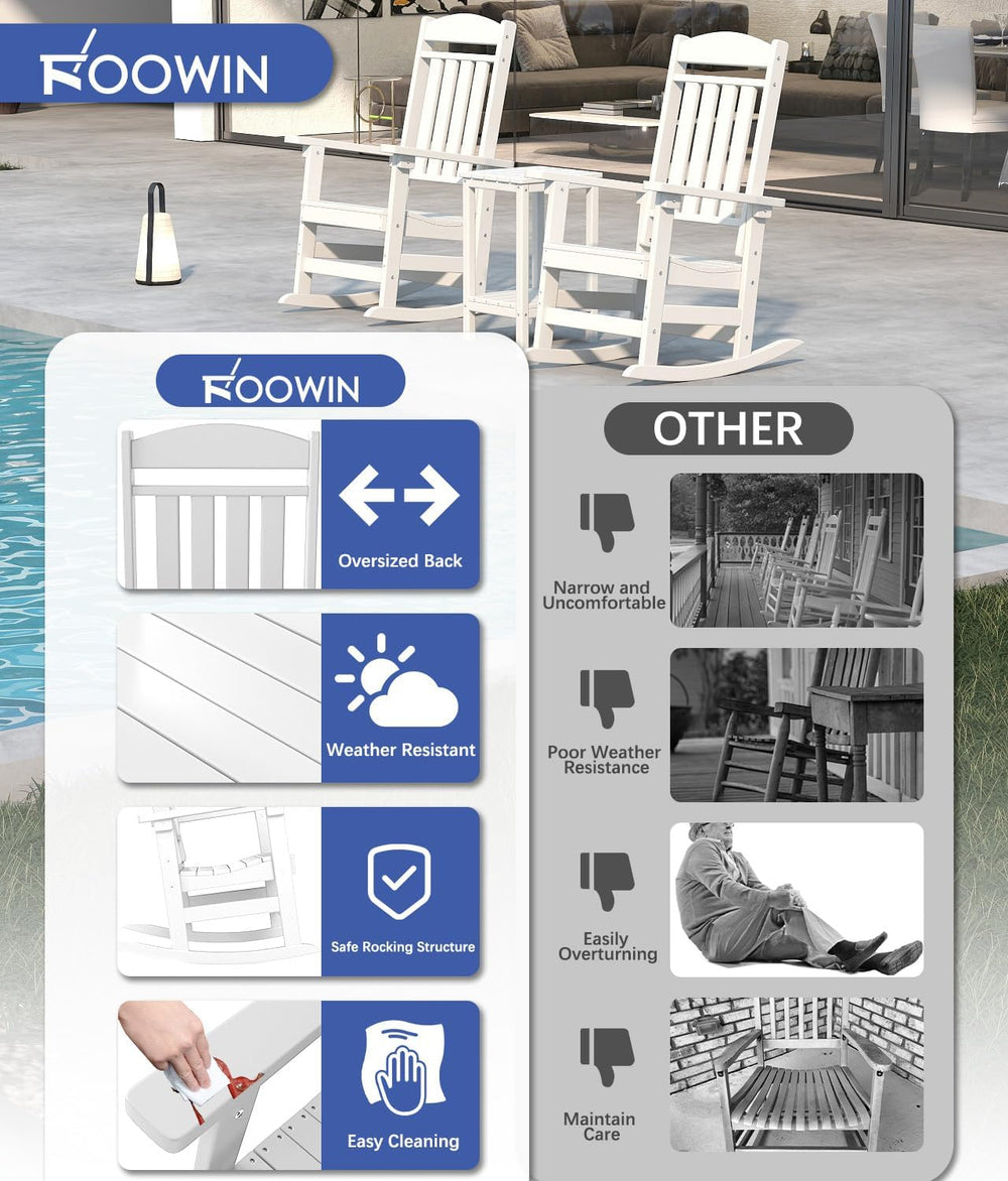 FOOWIN 3-Piece Outdoor Rocking Chairs Set, High Back Patio Rocker with Side T...