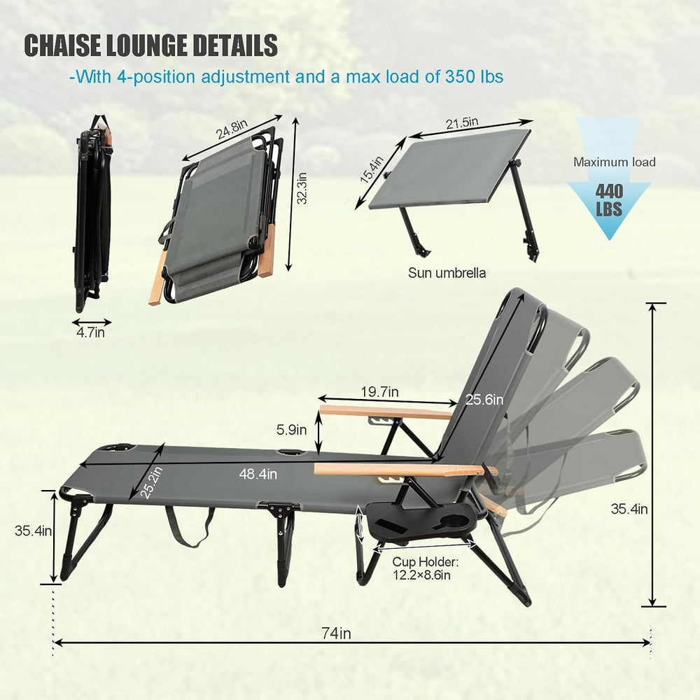 Folding Lounge Chair with Adjustable Canopy, Portable Sun Lounger with 4-Posi...