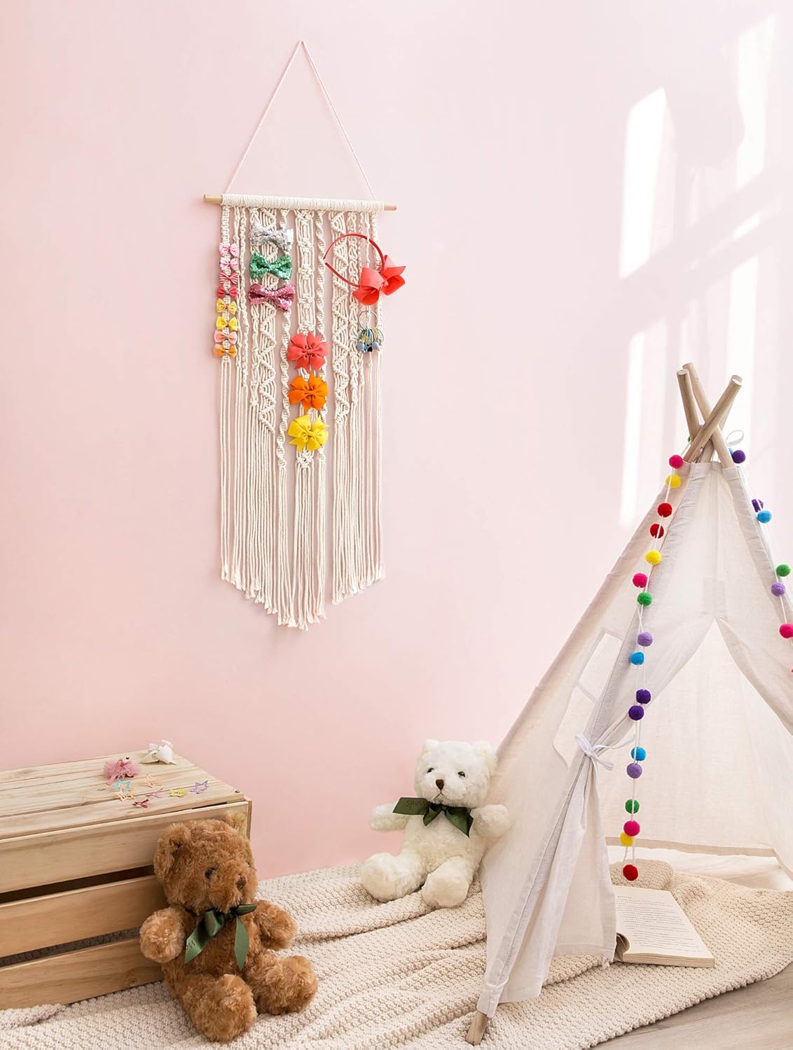 Mkono Macrame Bow Holder Hanging Hair Bow Organizer for Girls Hair Bows,Boho Wall Hair Clips Headband Storage Hanger for Baby Toddler Girls Room, Ivory (Clips and Other Props Not Included)