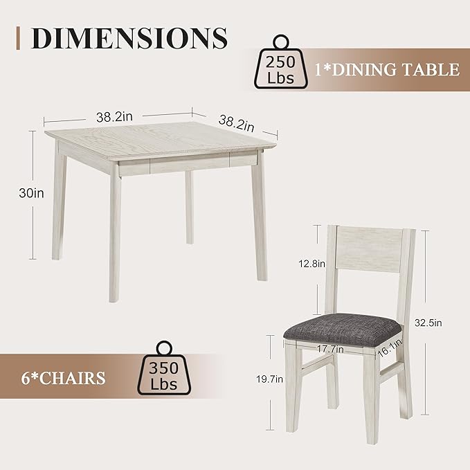 5-Piece Square Dining Table Set for 4, 38.2'' Solid Wood Kitchen Table with 4 Upholstered Chairs & 2 Drawers for Dining Room, Kitchen, Small Space, Washed Gray