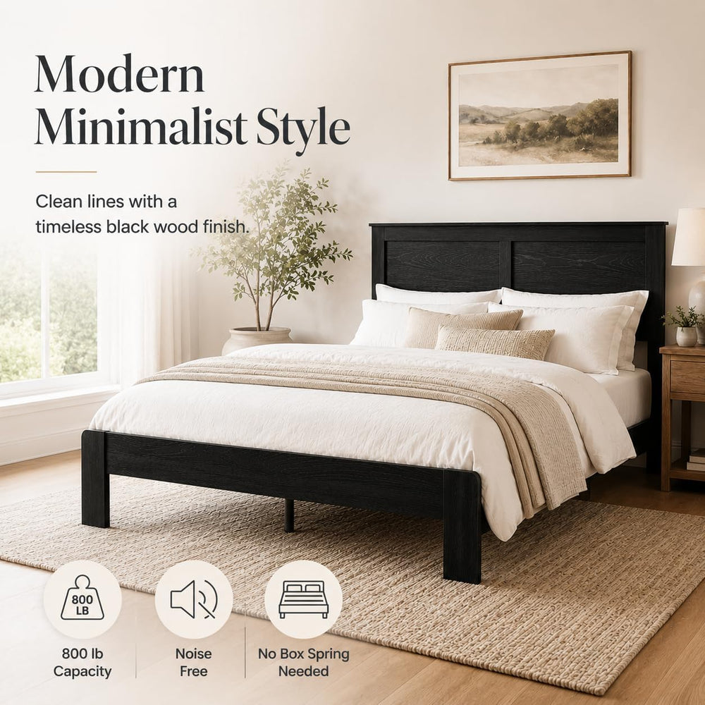 King Size Bed Frame Wood Platform Bed with Headboard, No Box Spring, Black