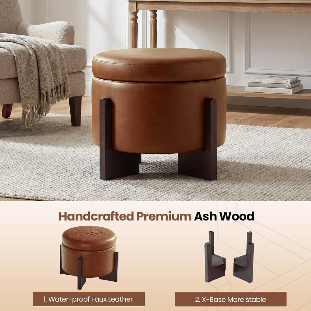 Leather Ottoman with Storage and Ash Wood Legs, Modern Foot Stool，Round Stora...