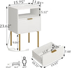 Modern Nightstand with Charging Station and LED Lights, White Bedside Table with Drawer, Fluted Side Table for Living Room, Bedroom