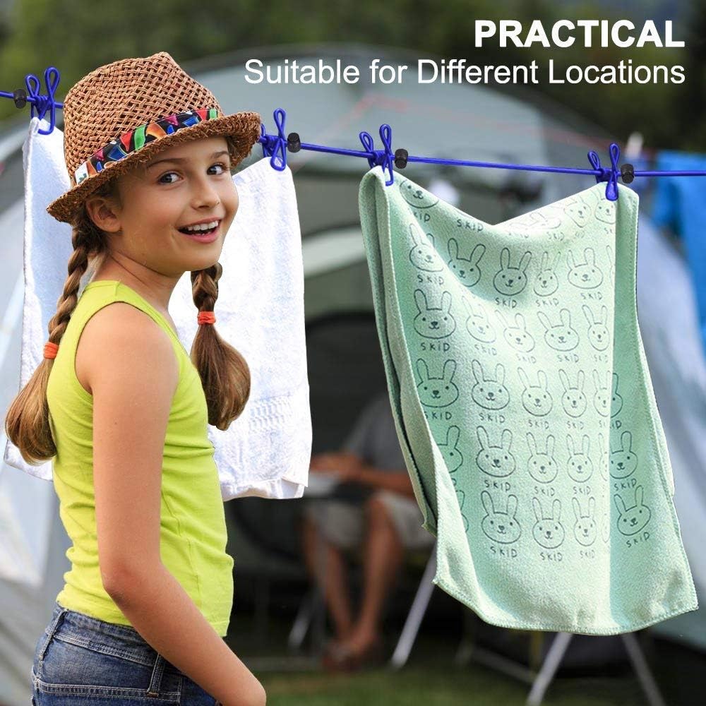 2 Pack Portable Clothesline with 12 Clothespins, Windproof Travel Stretchy Retractable Elastic Laundry Clothes Line for Backyard, Vacation Hotel, Balcony Drying