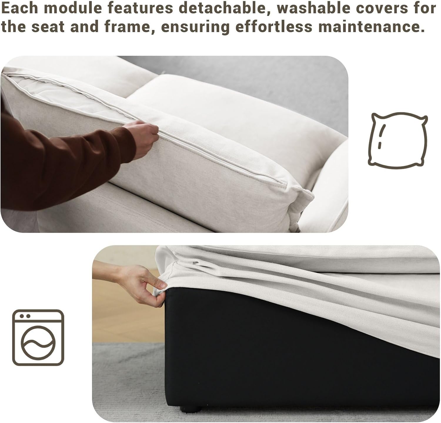 114” Cloud Sectional Couch, Comfy Down Filled Modular Sectional Sofa with Washable Cover, L Shaped 3 Seater Modular Couch with Ottoman, Sectional Couches for Living Room, Cream White